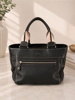 Furla Black Pebbled Leather Tote Shoulder Bag Front Zip Pocket Designer Handbag